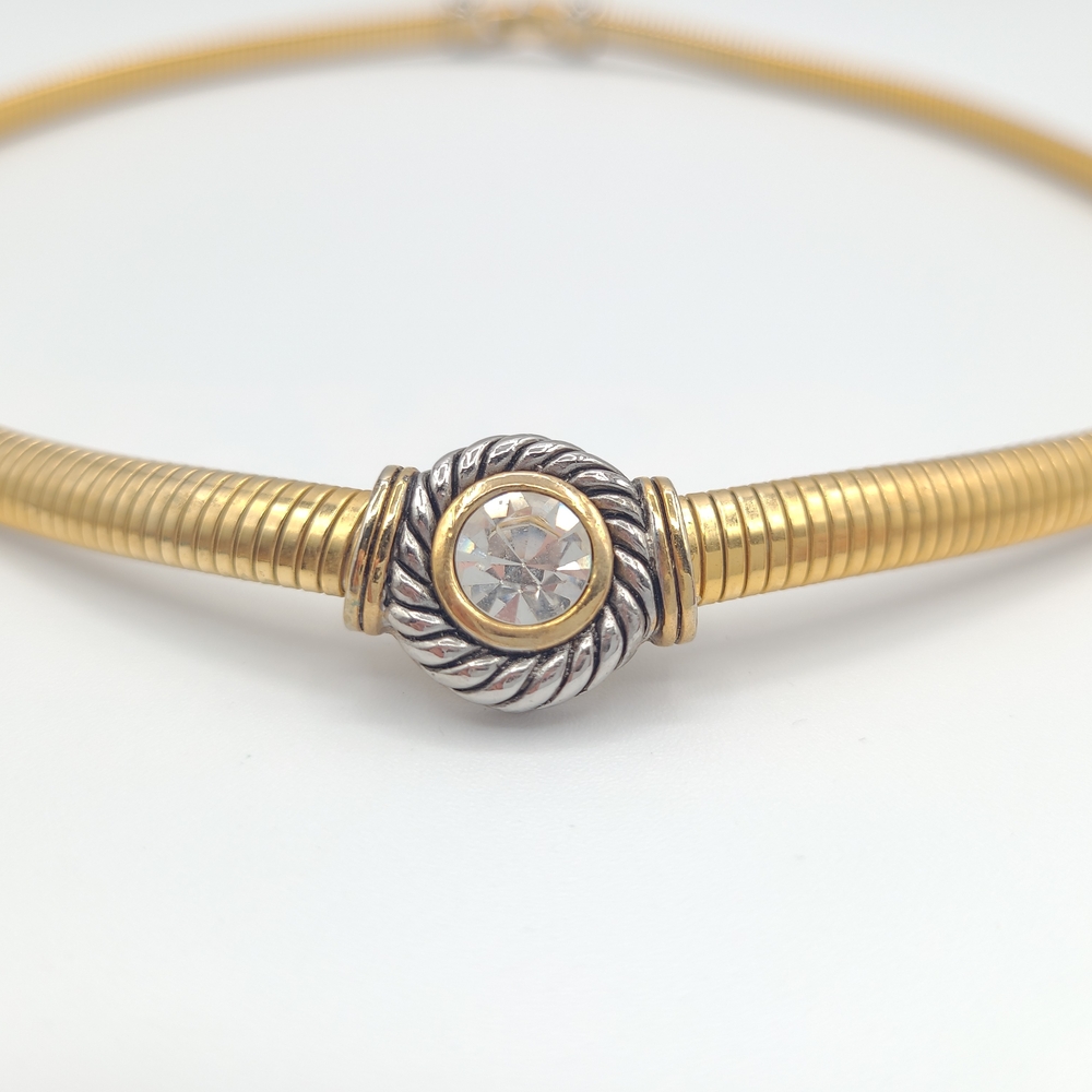 Vintage Gold Snake Chain Necklace Crystal Accent Two Tone